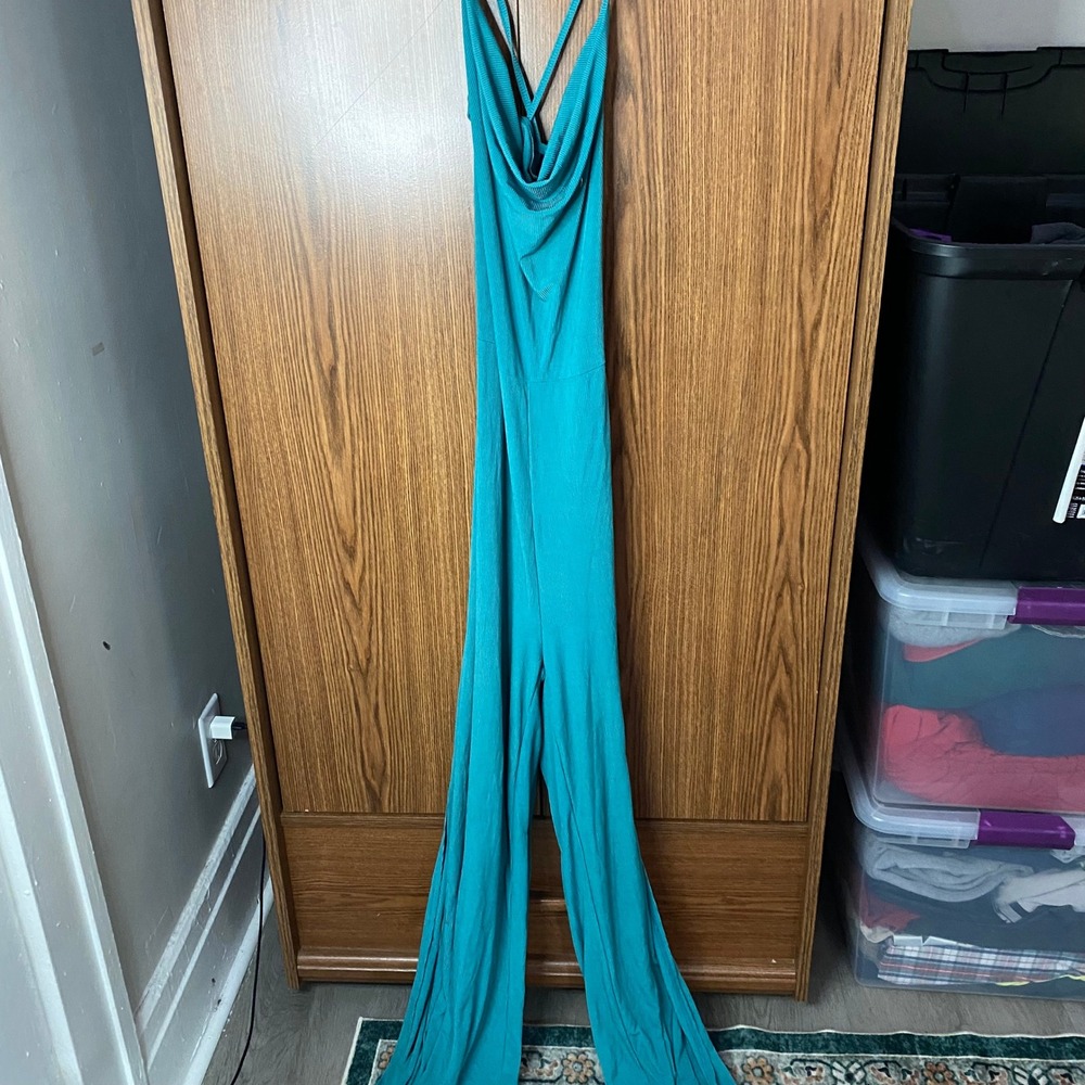 Niay Ribbed Wide Leg Jumpsuit Womens L Teal Cowl Neck Lace Up Back Slit - Picture 3 of 8